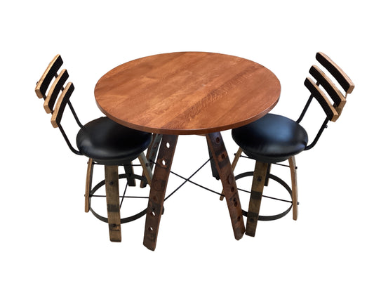 Whiskey barrel table with 2 barstools.