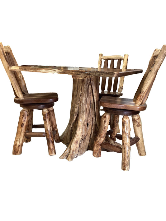 Black walnut stump table and 4 barstools